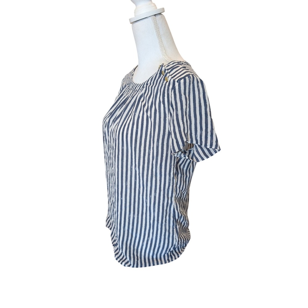 Banana Republic 100% Silk Blouse Striped  Navy White Gold Button Shoulder 10P - Picture 4 of 8